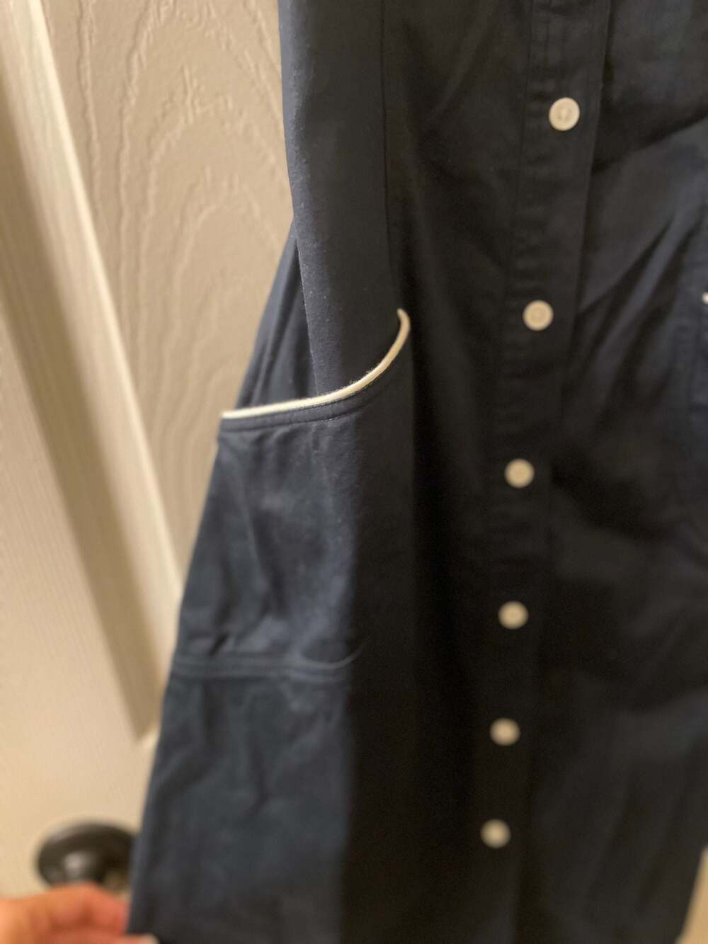 Express Stretch Navy Blue Shirt Dress with White Piping Size 1/2 - Picture 3 of 7